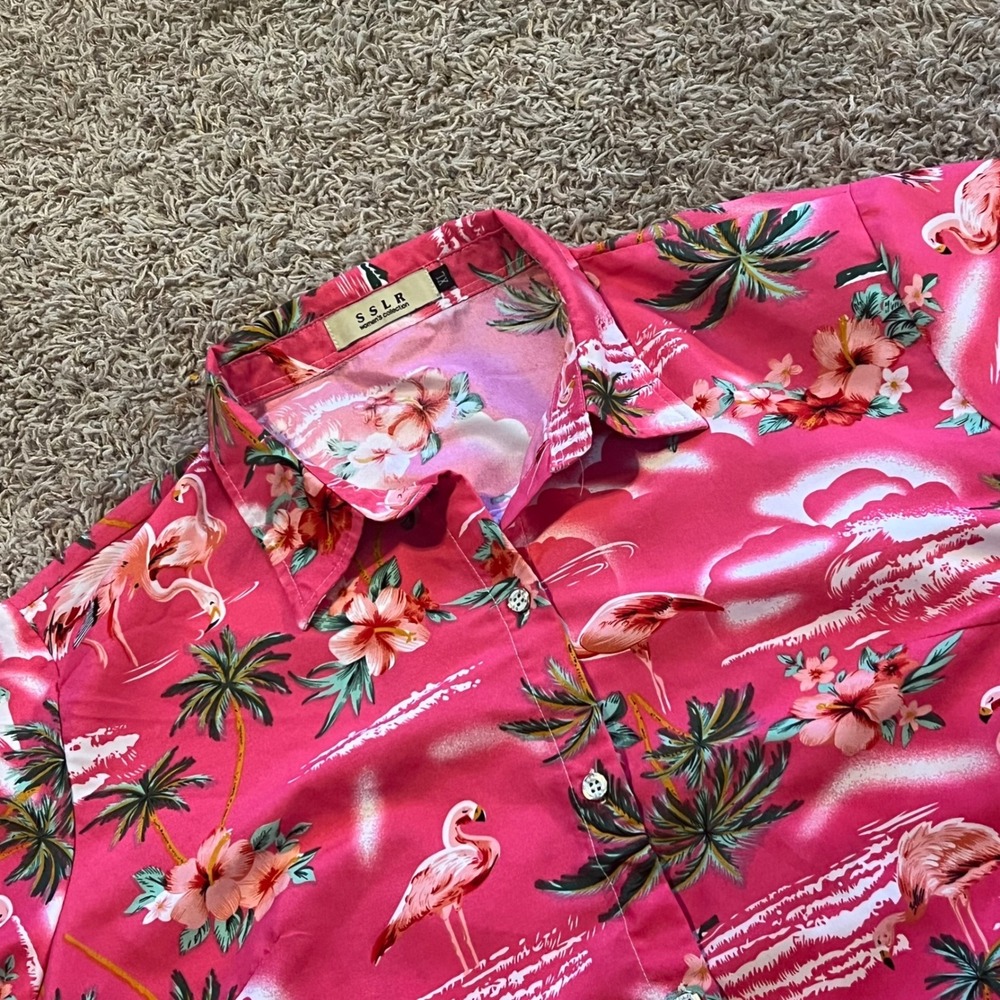 SSLR Womens Pink Flamingo Tropical Hawaiian Shirt XL Short Sleeve Hibiscus Palm